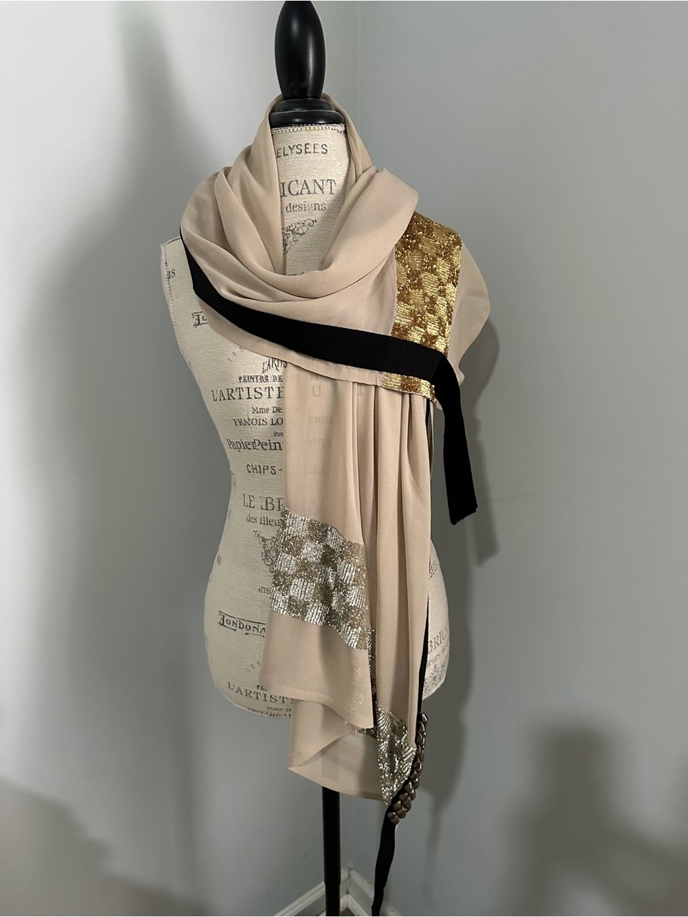 Dries Van Noten Beige Scarf with Gold & Silver Accents